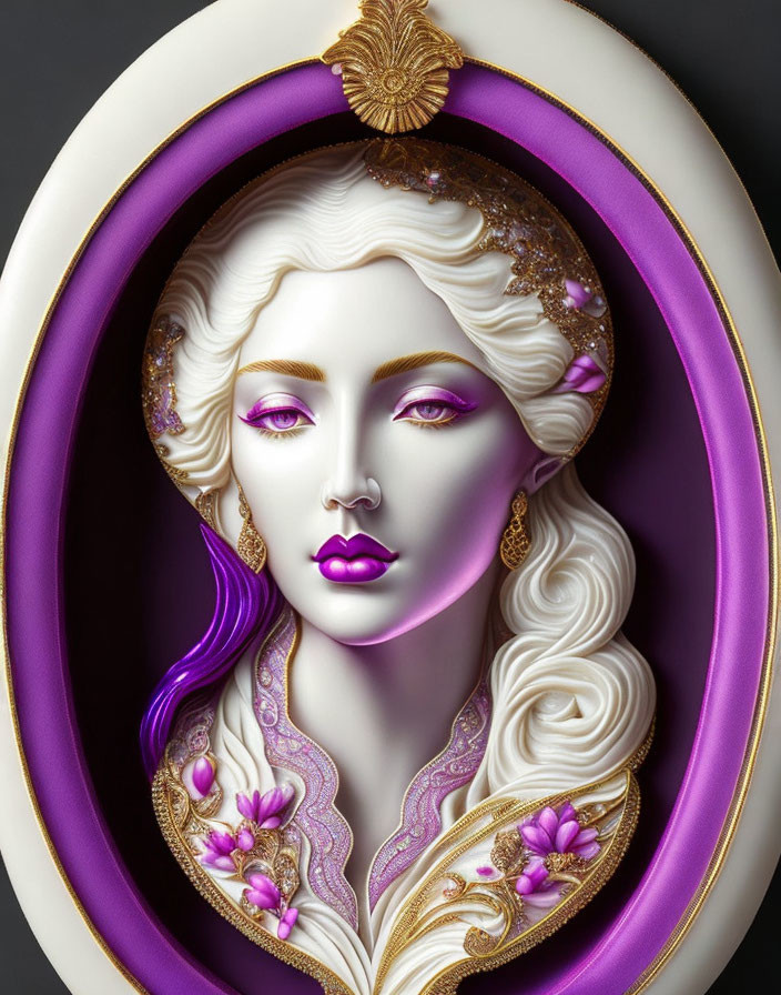 scrimshaw ivory woman carving, purple, gold