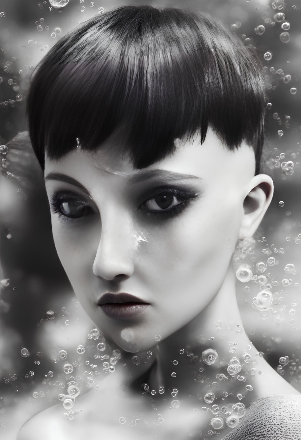 Monochrome portrait of woman with short haircut and serious expression against abstract backdrop.