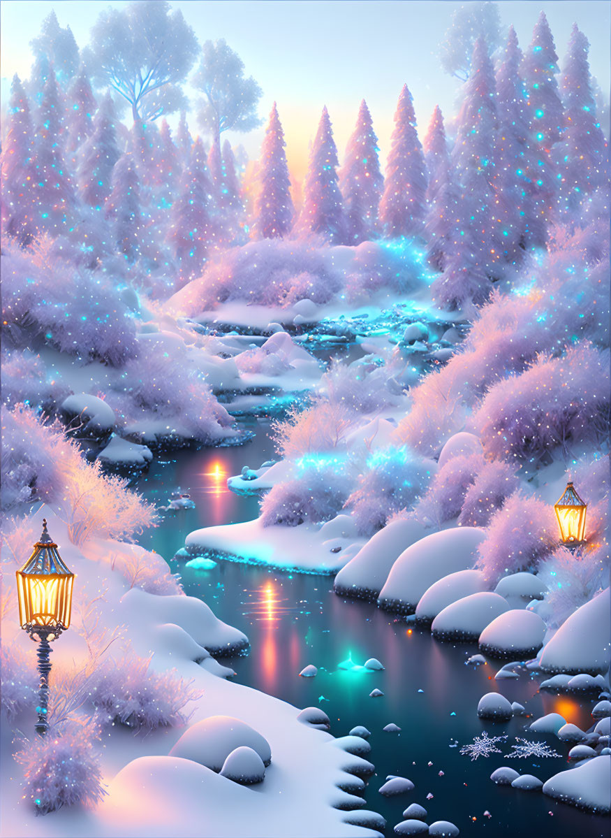 ai, bioluminescent, snowy scene, sparkling ice