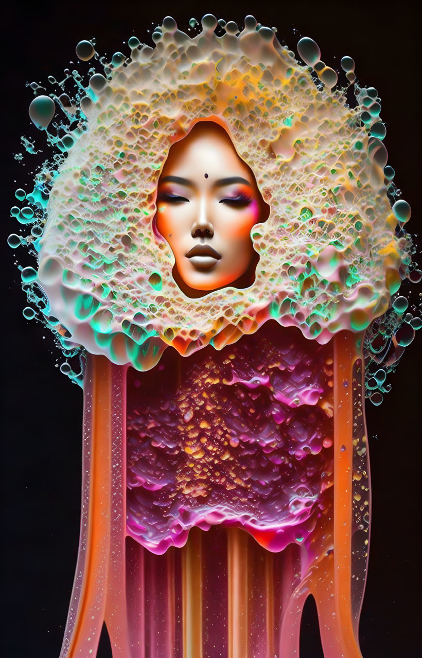 Colorful surreal image: Woman's face in jellyfish-like structure