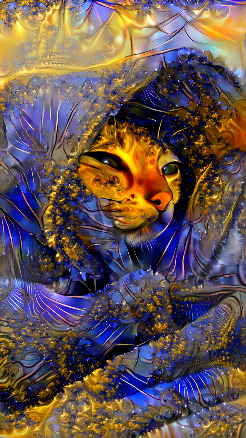 cat under blanket, blue, orange, fractal