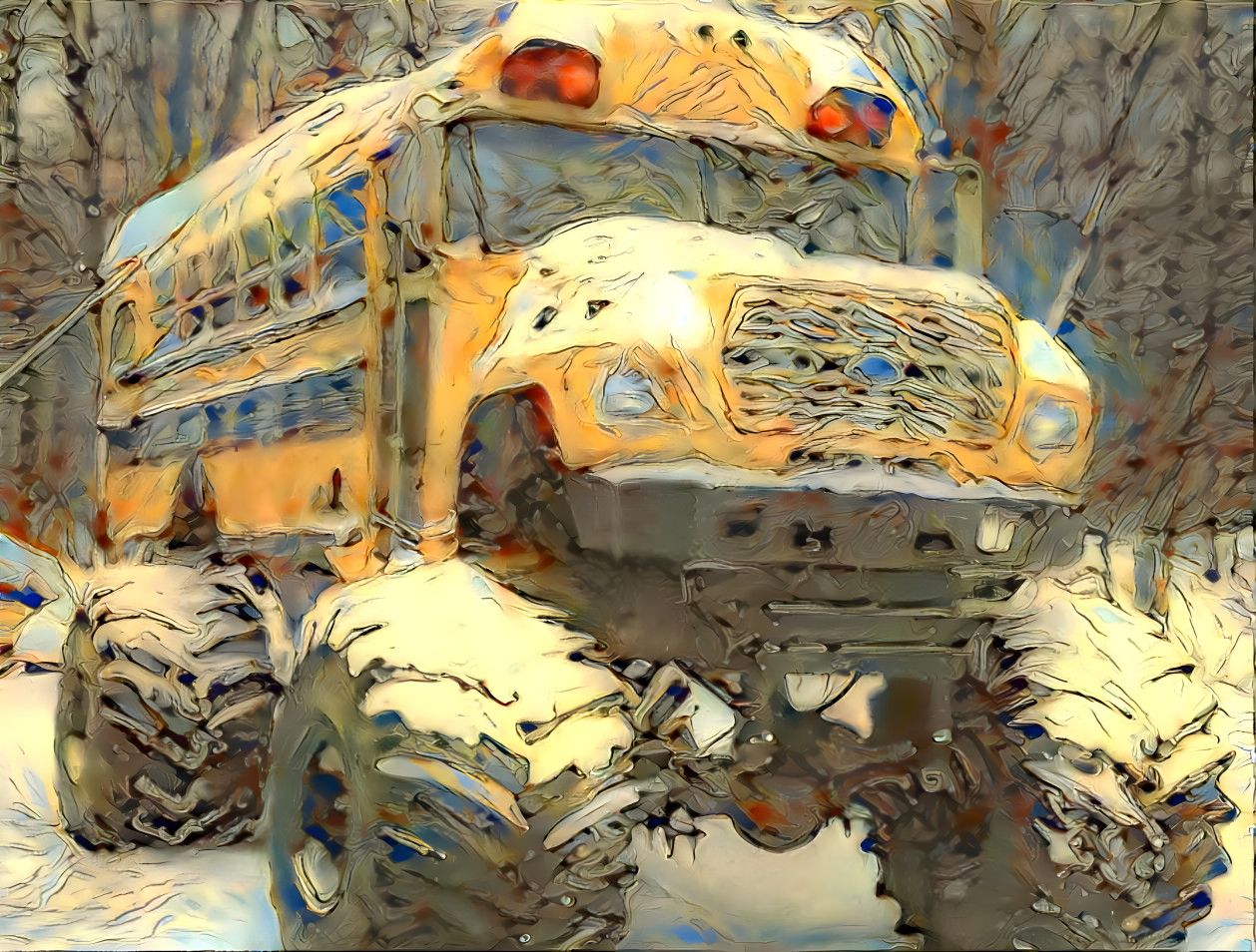 school bus / monster truck / snowy road