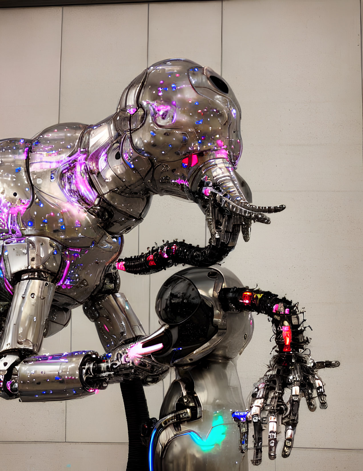 Futuristic metallic elephant sculpture with glowing purple accents