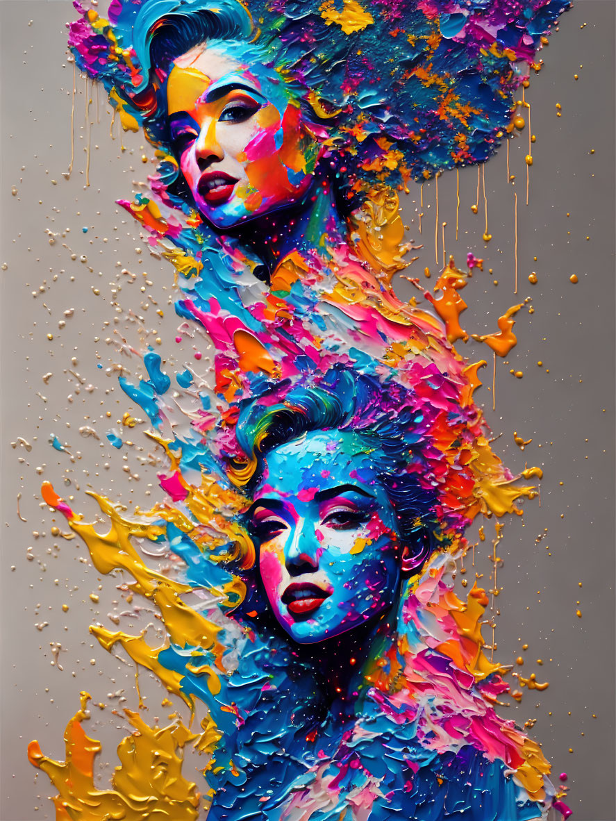 Colorful Abstract Portrait of Two Women with Paint Splashes