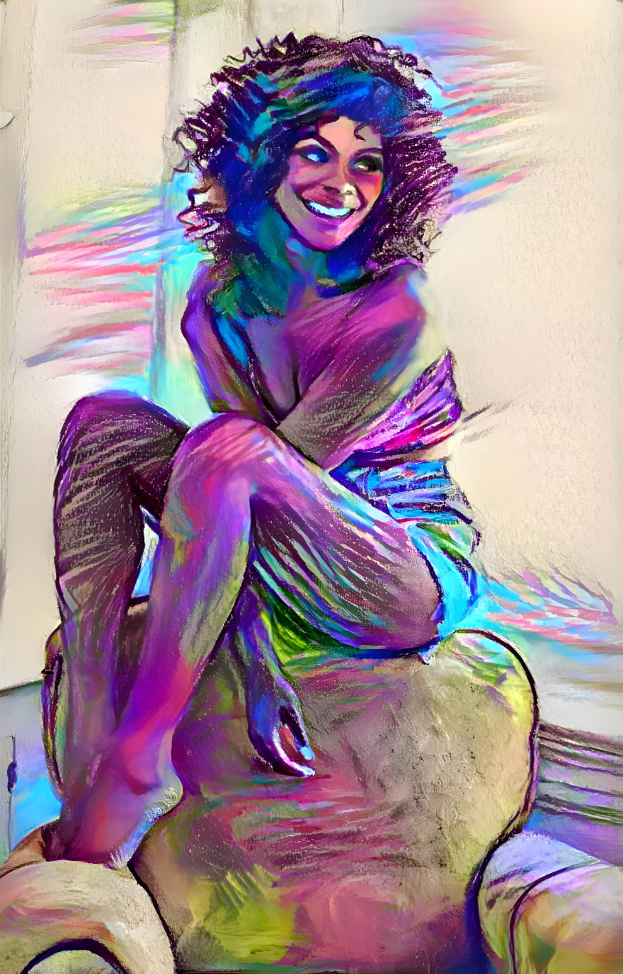 model smiling, sitting on back of chair, drawing