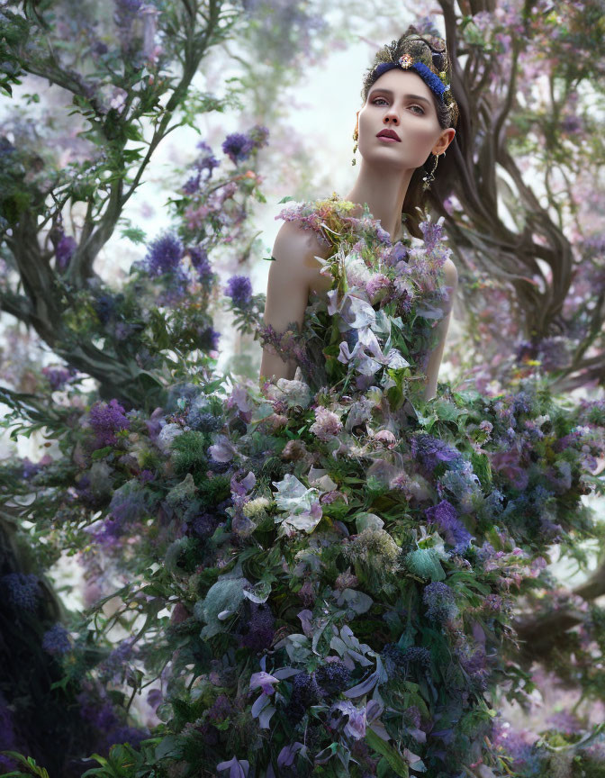 Woman in purple and white flower dress standing in blooming garden