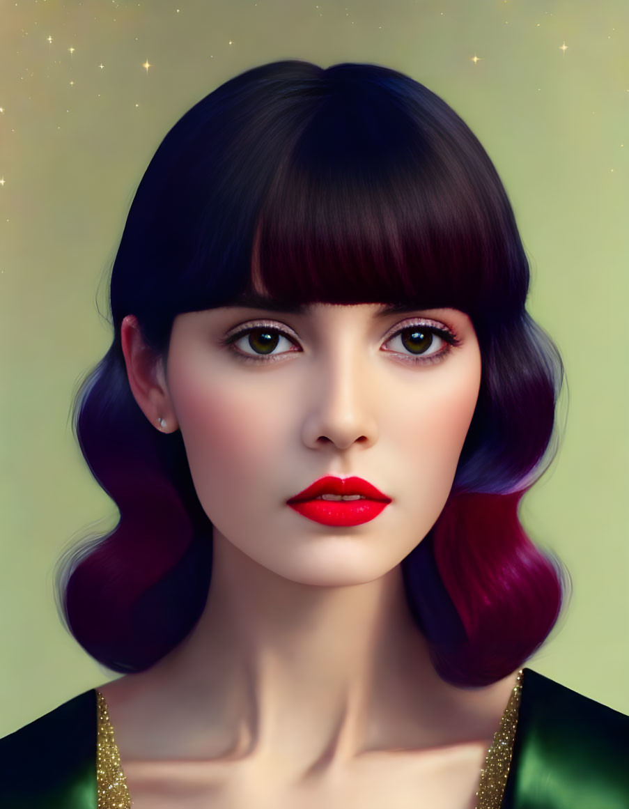 Digital Portrait: Woman with Purple Hair and Starry Background