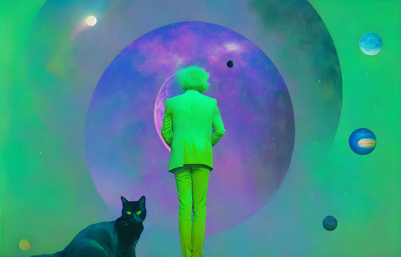 Person in Green Suit with Cosmic Backdrop and Black Cat