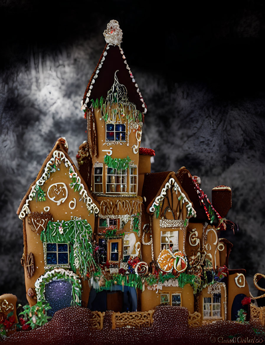 Festive gingerbread house with icing, candies, and snow on dark background