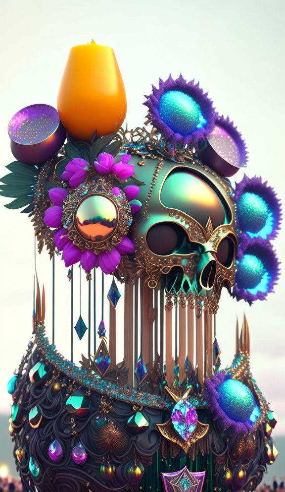Colorful Skull Decorated with Flowers, Gems, and Candle