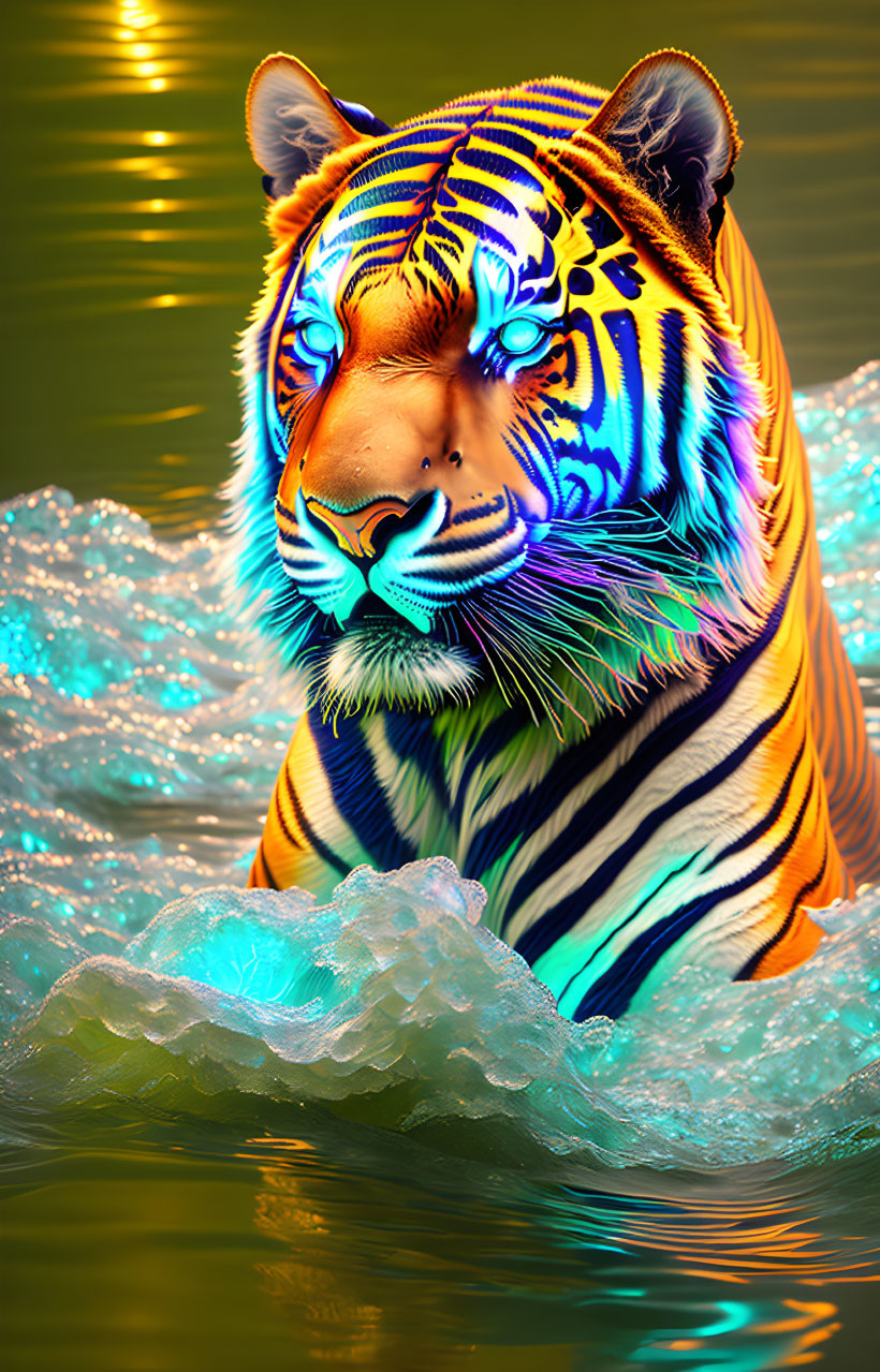 ai, bioluminescent magical ocean tiger splash art