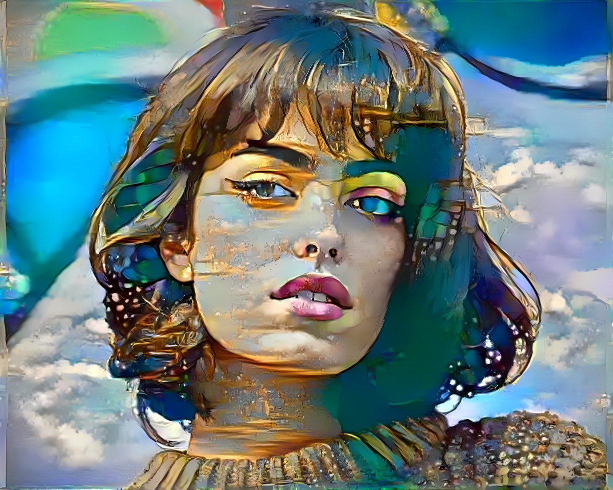 model, turquoise, blue, green, gold, clouds