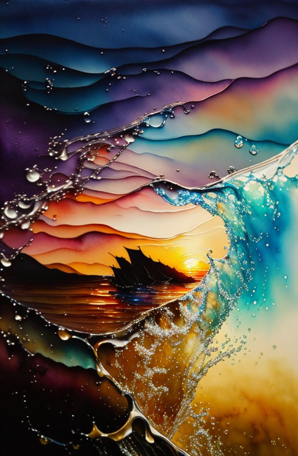 ai, water, light, sunset, waves, watercolor drips