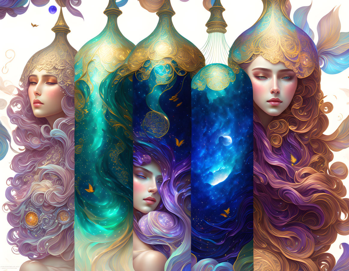 Ethereal fantasy illustration of four women with cosmic patterns in hair & background