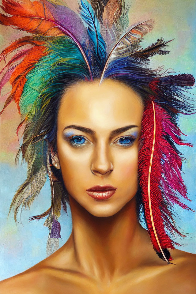 Colorful portrait of a woman with blue eyes and feather headdress