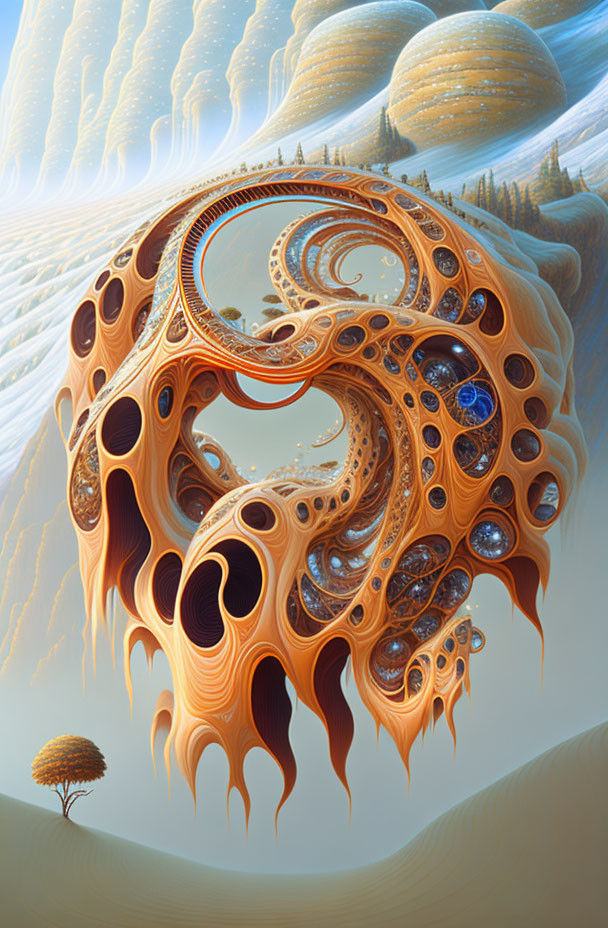 Abstract organic structure with swirling patterns and hovering spheres in alien desert landscape