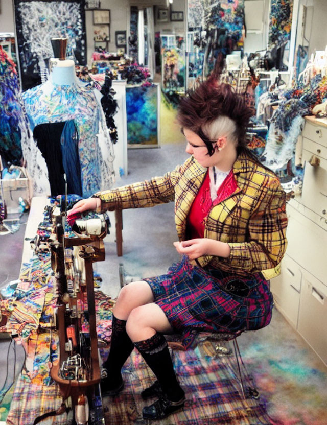 Person sewing in vibrant textile shop with unique hairstyle and colorful fabrics