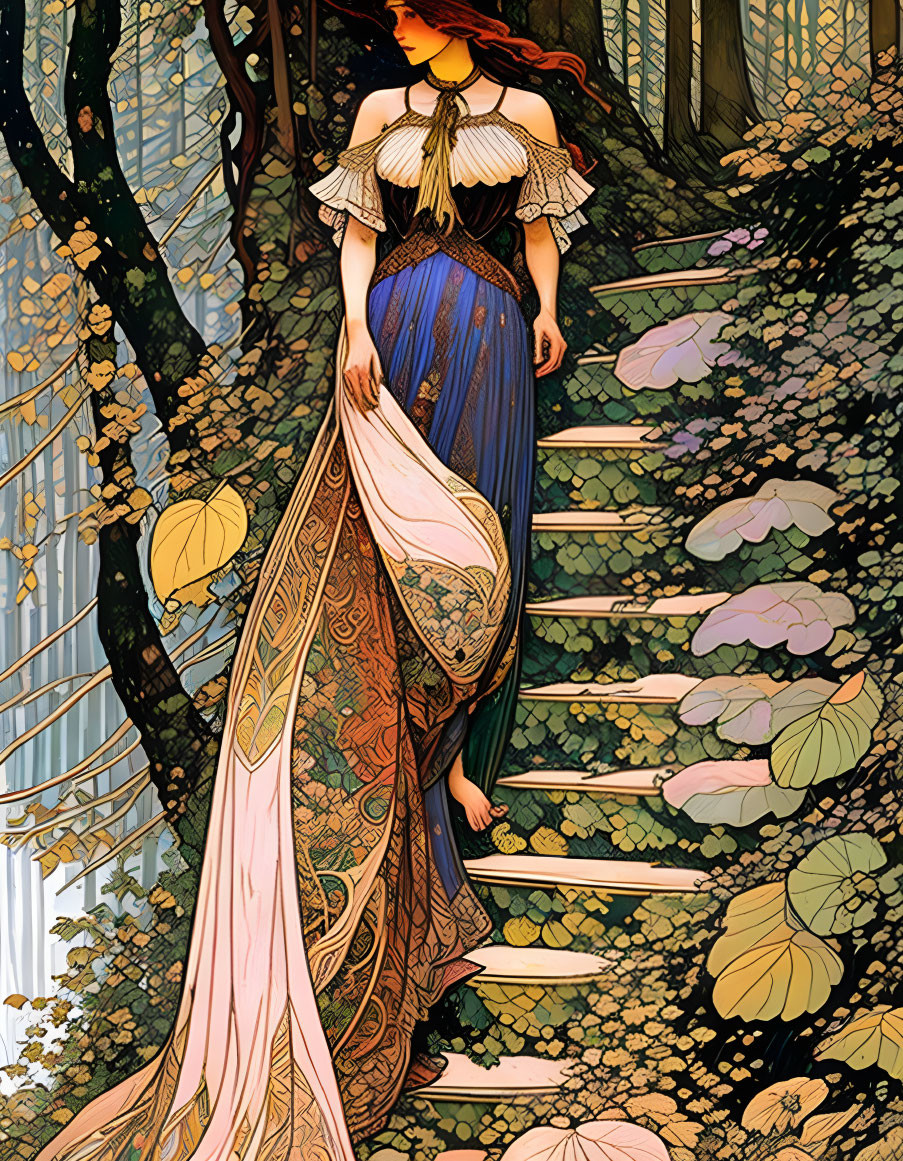 Elegant Art Nouveau style woman walking in flowery forest path