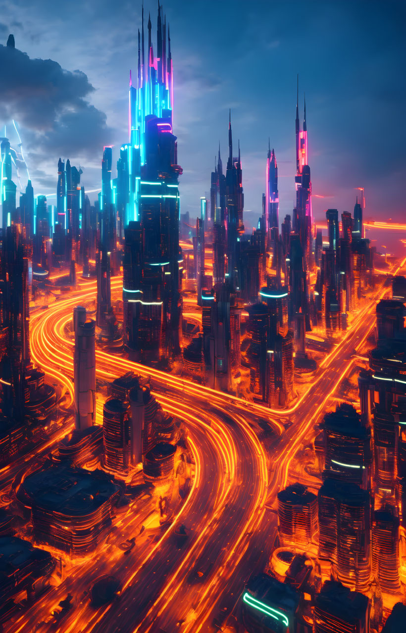 Nighttime futuristic cityscape with neon-lit skyscrapers and bustling traffic.