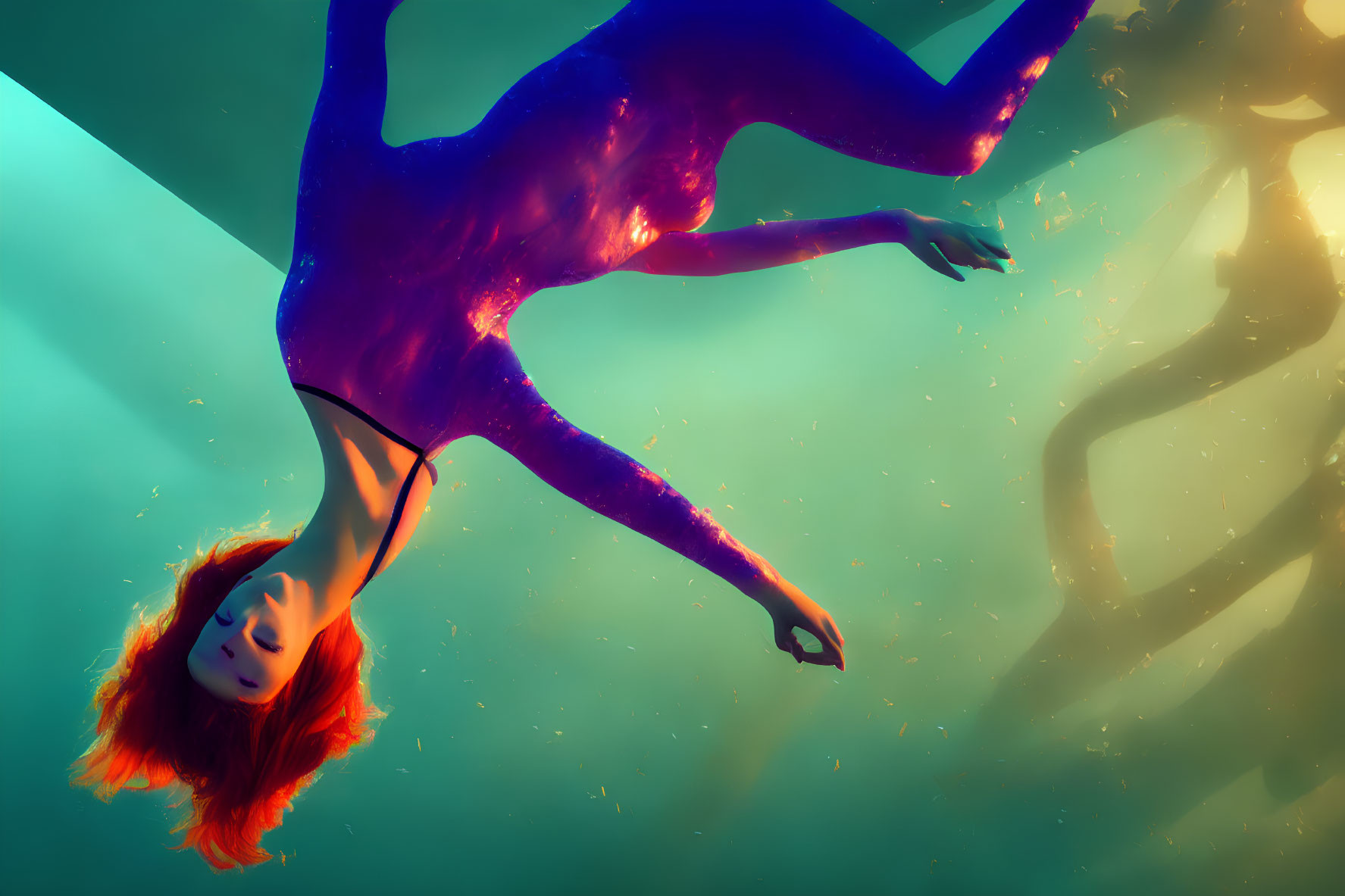 Red-haired person underwater in turquoise and orange light
