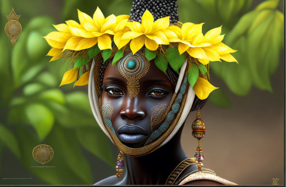 Digital artwork of woman with intricate face paint, adorned with yellow flowers and beads against green leaves