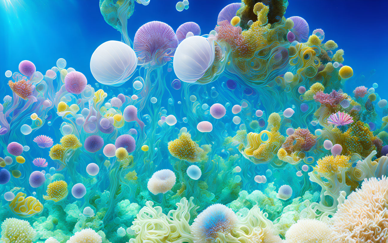 Colorful coral formations and marine life in deep blue ocean