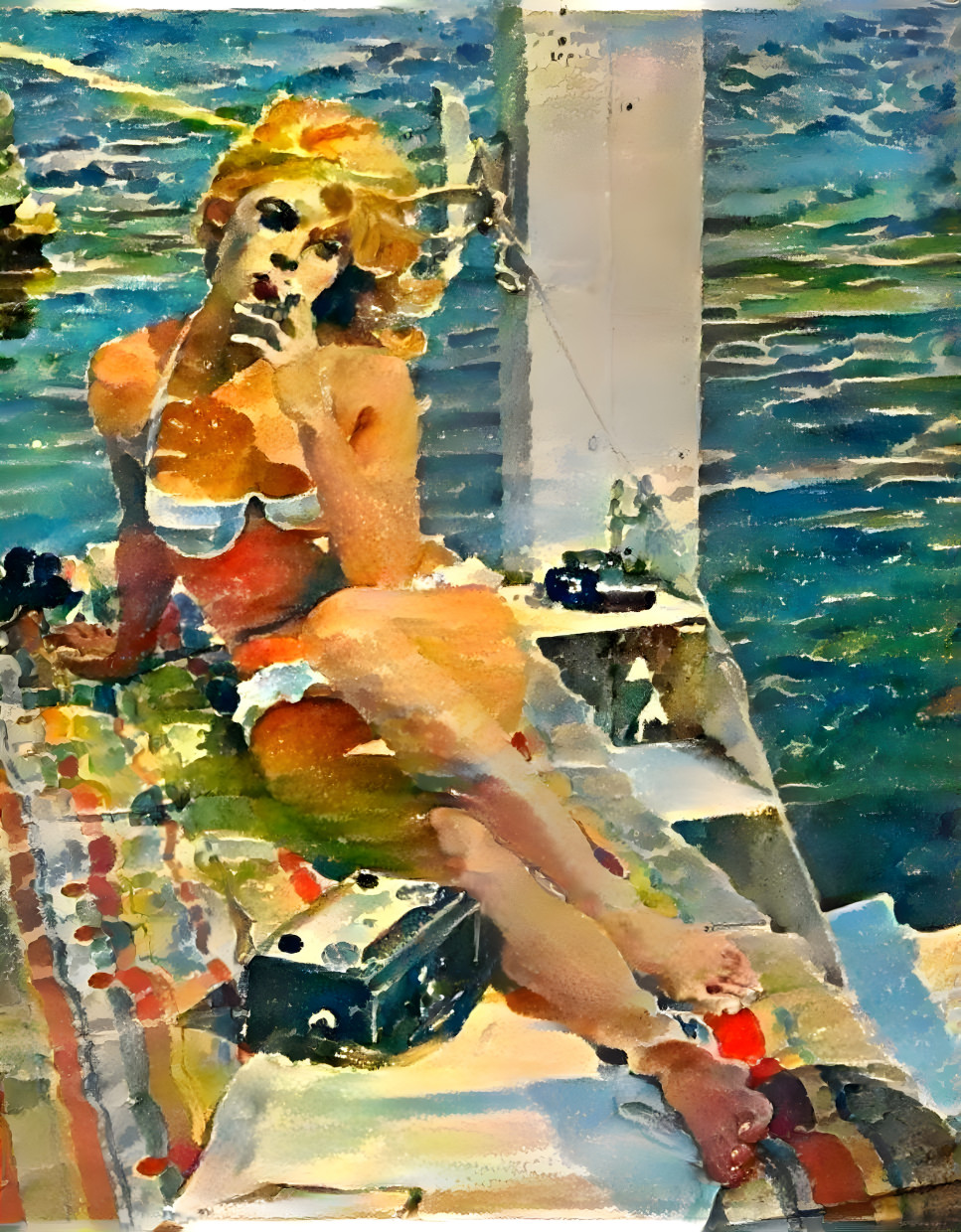 model in bikini smokes while suntanning on boat