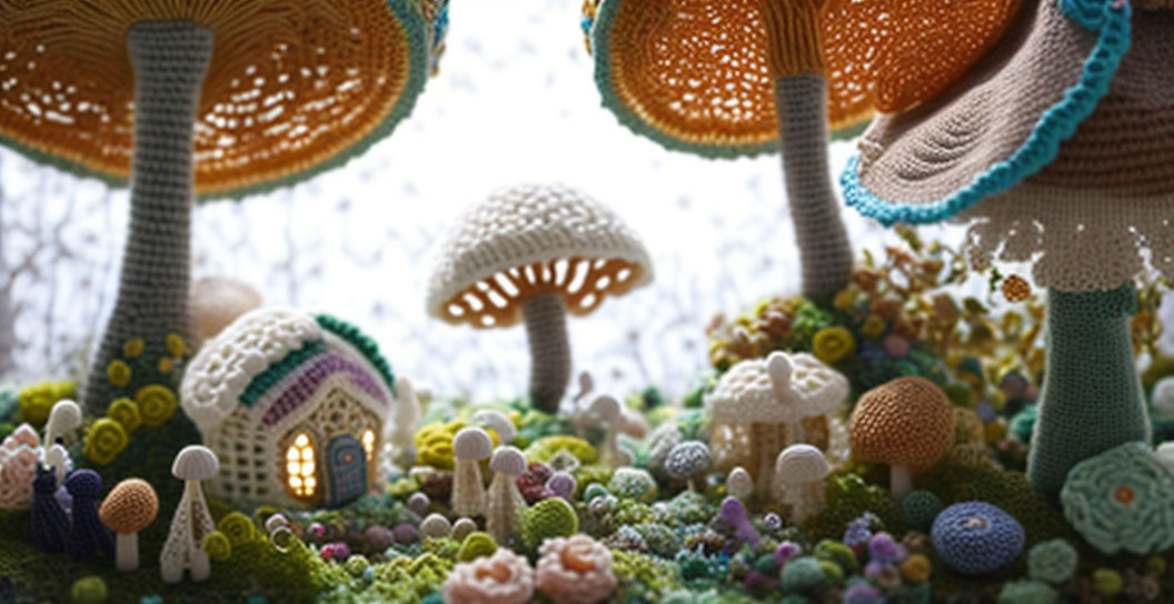 ai, mushrooms and crystals knitted patchwork