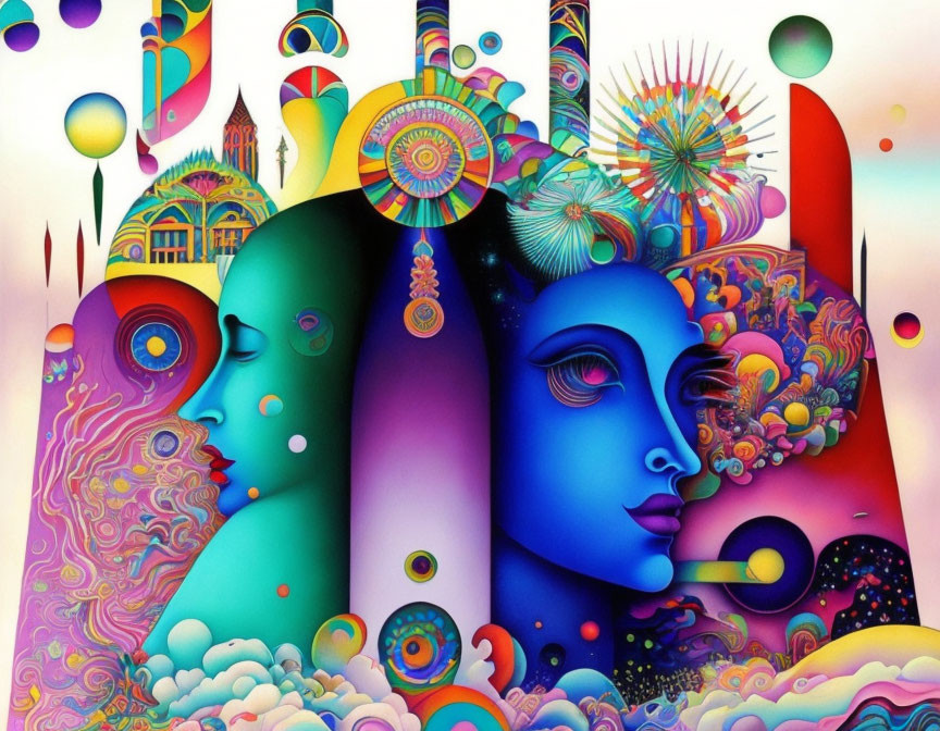 Colorful Abstract Artwork: Two Faces Blended in Psychedelic Patterns