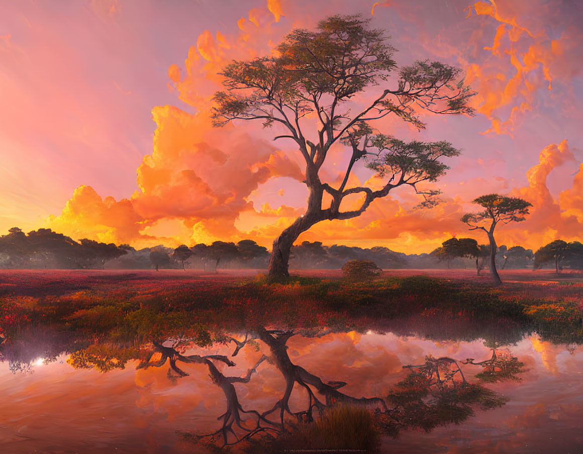 lone ai tree reflected in pond, sunset