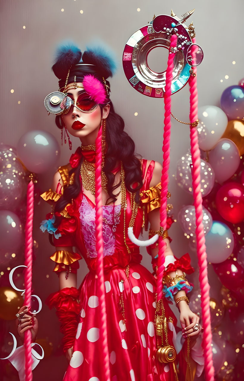 partying retropunk art, red ropes, sparkly baloons