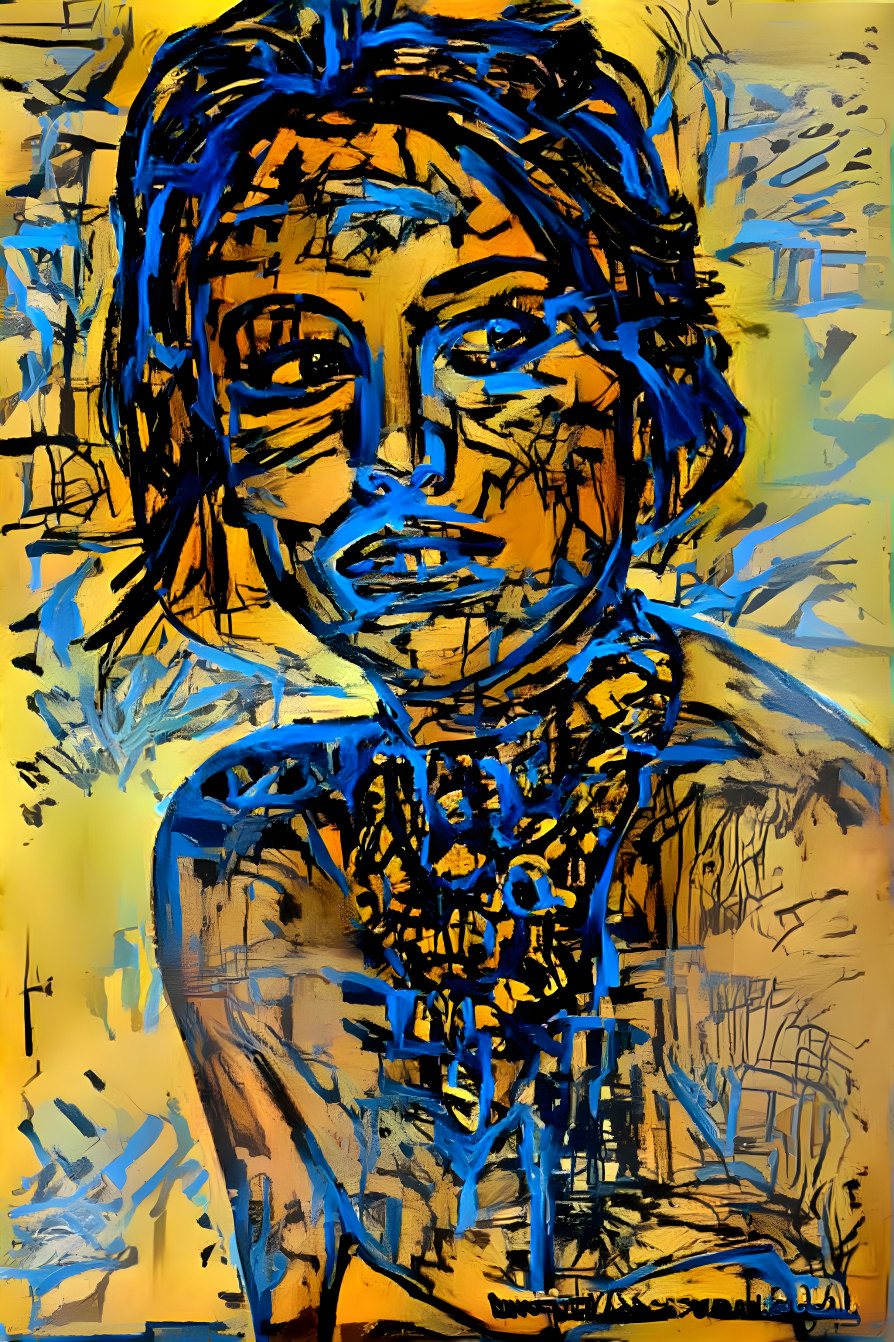 model, painting, yellow, black, blue, messy