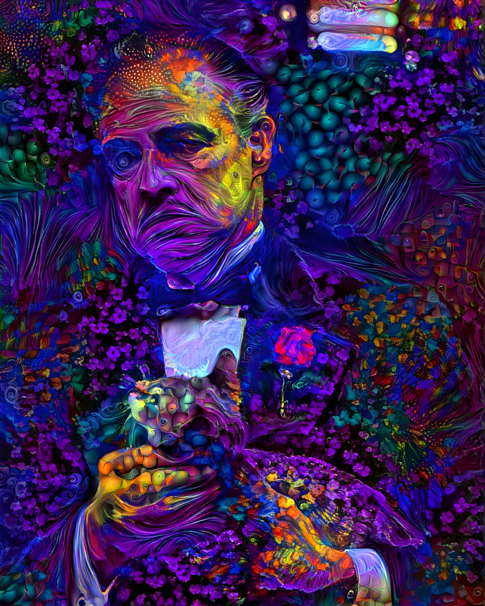 The Godfather holding cat, purple flowers