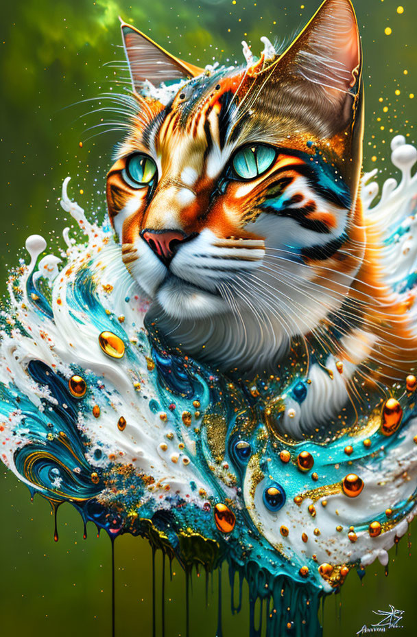 Colorful Cat Digital Painting with Intricate Patterns and Liquid Elements