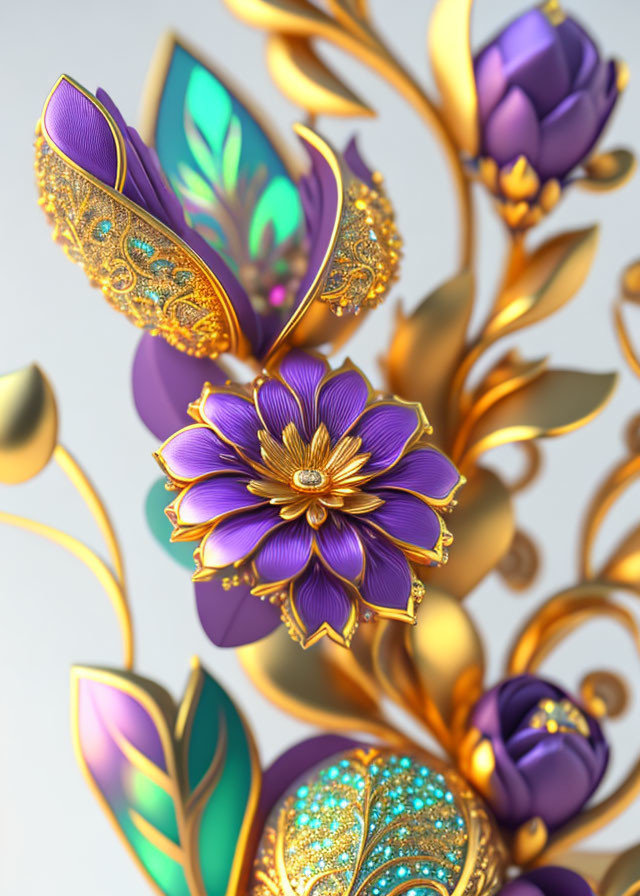 Ornate Purple Flowers, Gold Vines, Iridescent