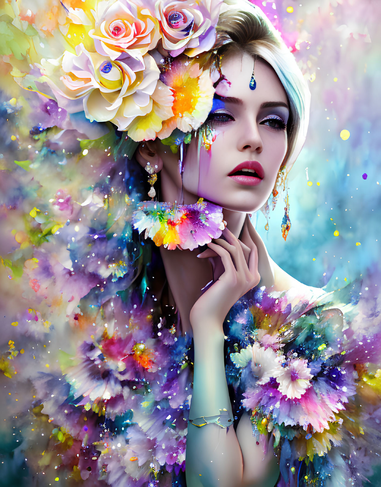 Vibrant digital art portrait of a woman with floral hair and sparkling jewelry