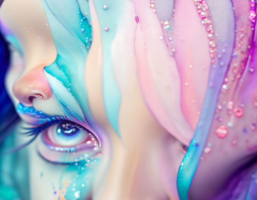 Colorful Fantasy-Themed Face with Multicolored Hair and Glittery Makeup