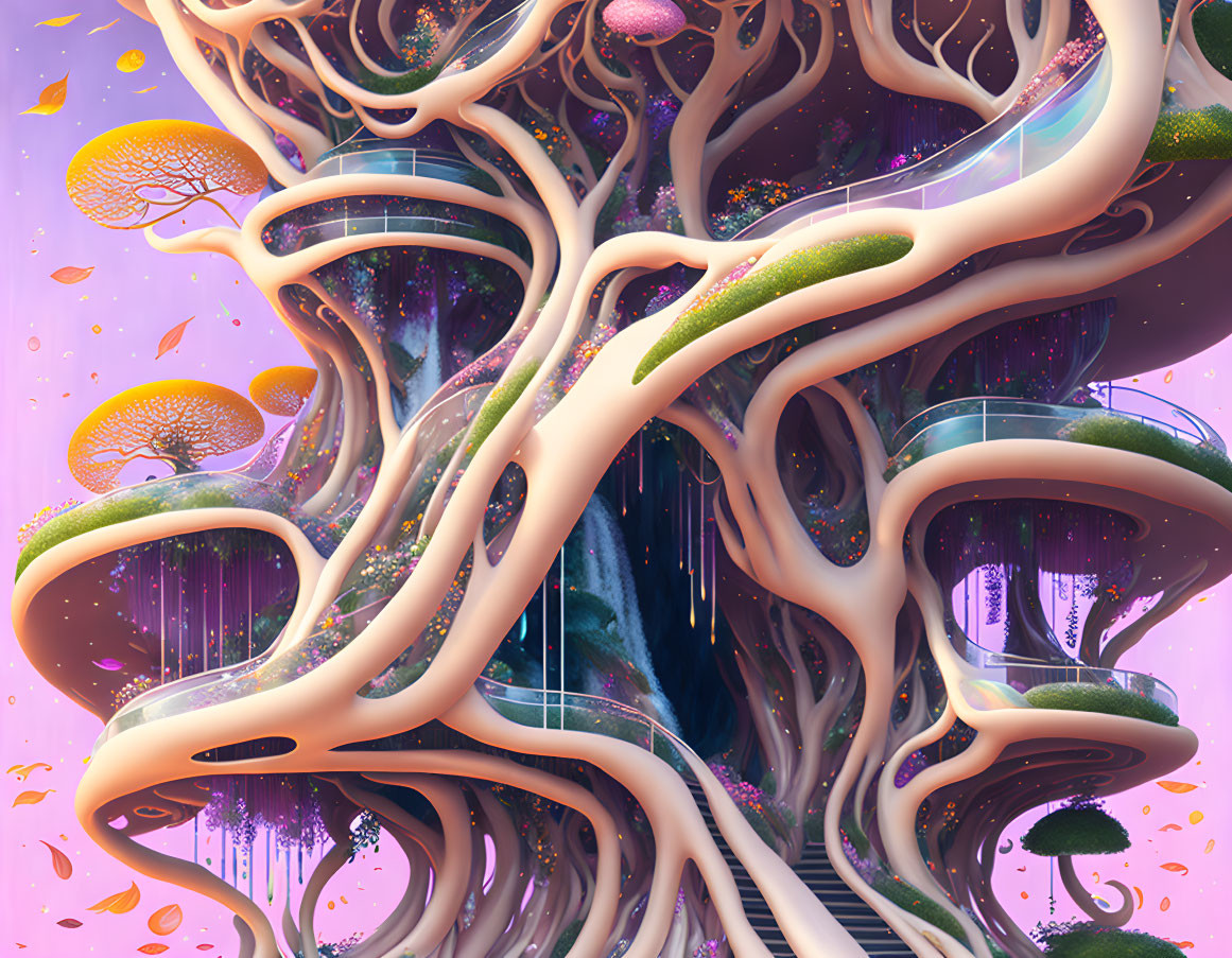 ai, glossy wet etheral curly biomorphic treehouse