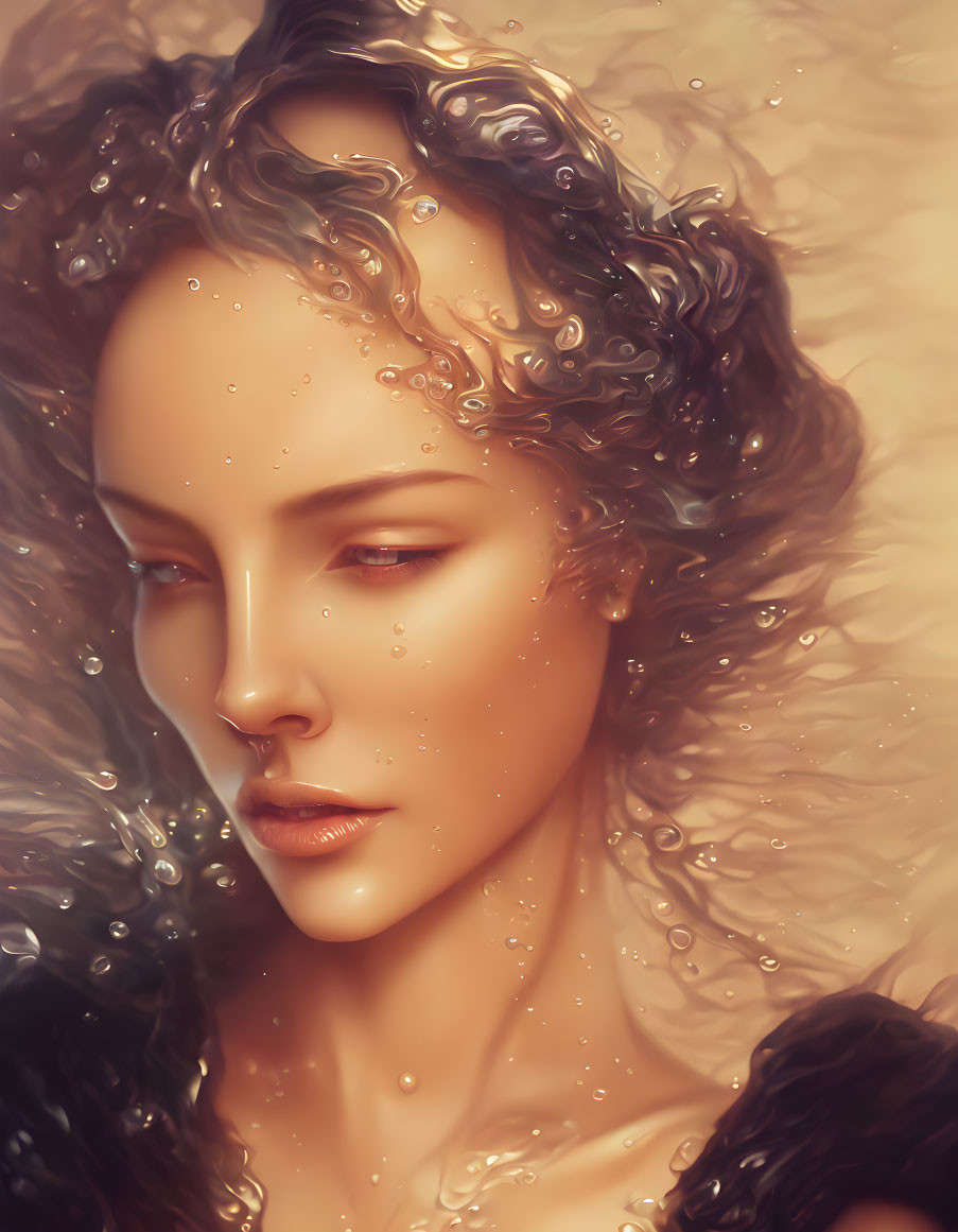 Digital Portrait of Serene Woman Surrounded by Water Droplets