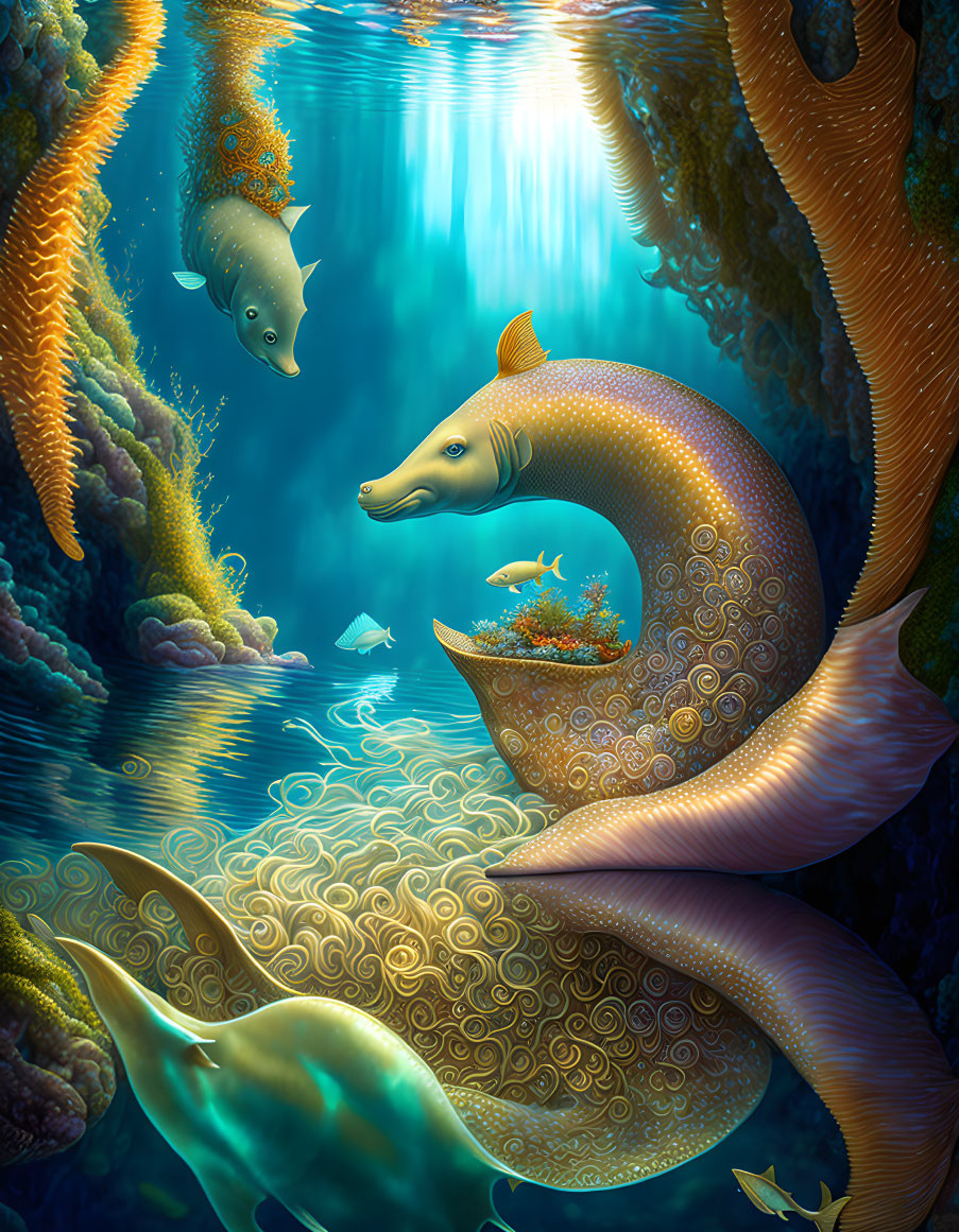 Colorful Underwater Scene with Stylized Sea Creatures and Coral formations