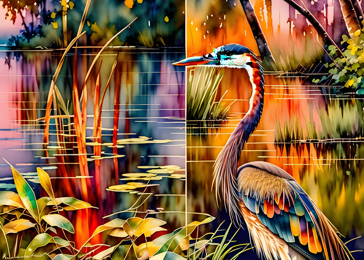 blue heron in the everlades at sunset watercolor