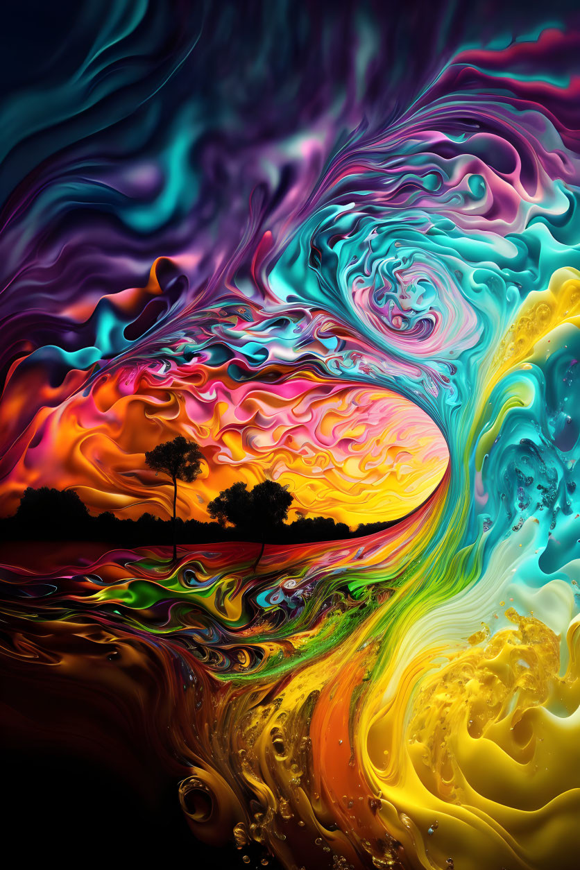 Colorful digital artwork: surreal landscape with tree silhouette