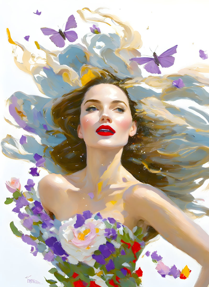 Woman with butterflies and flowers exudes dreamy essence