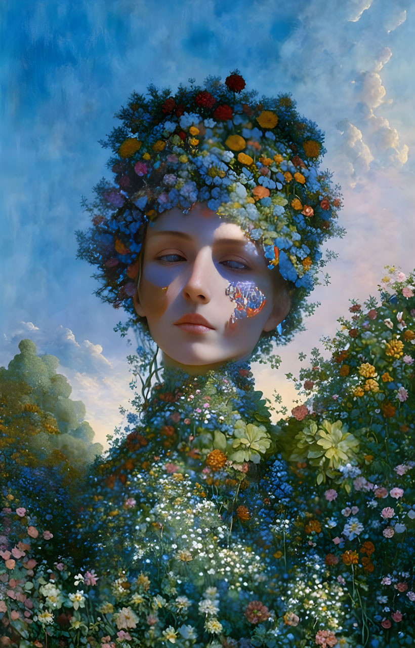vibrant warm fantasy patchwork flower woman