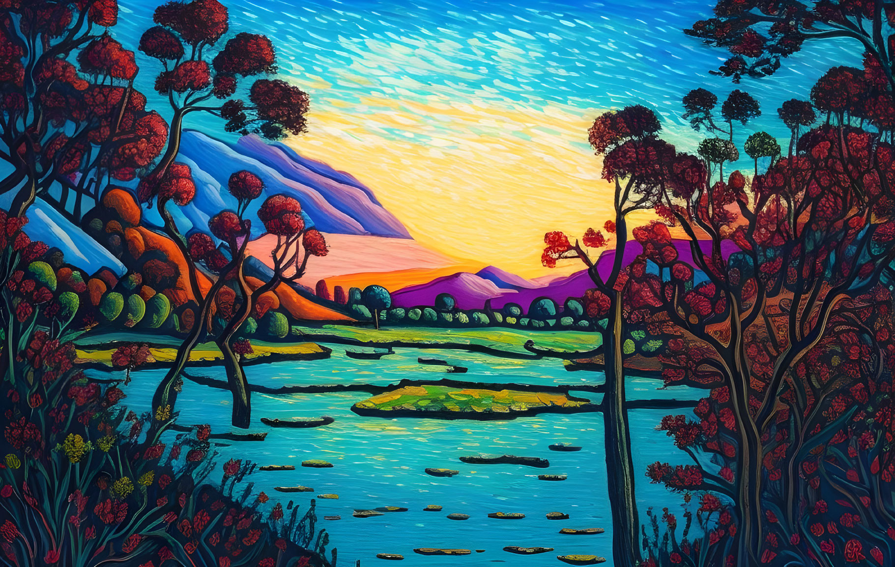 Colorful Landscape Painting: Stylized Trees, Serene Lake, and Sunset Sky