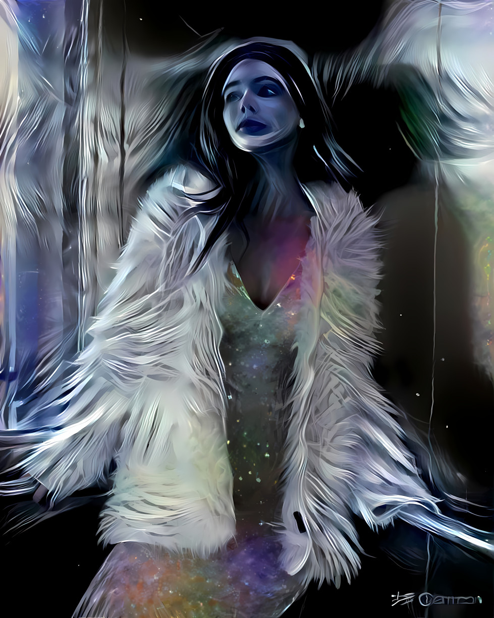 laneya grace in dress & white fur coat, retextured