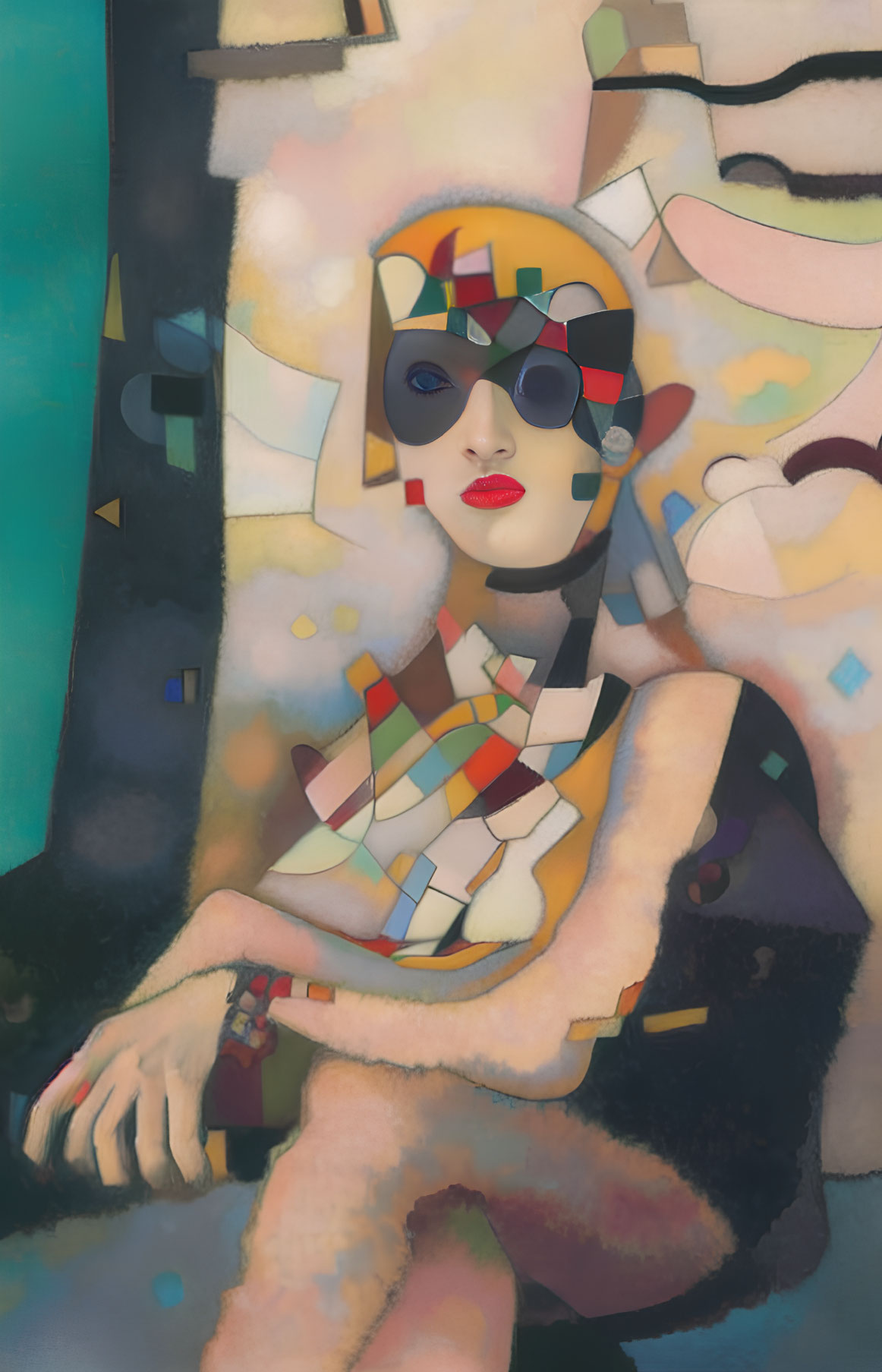 Abstract cubist portrait of female figure in sunglasses and colorful outfit