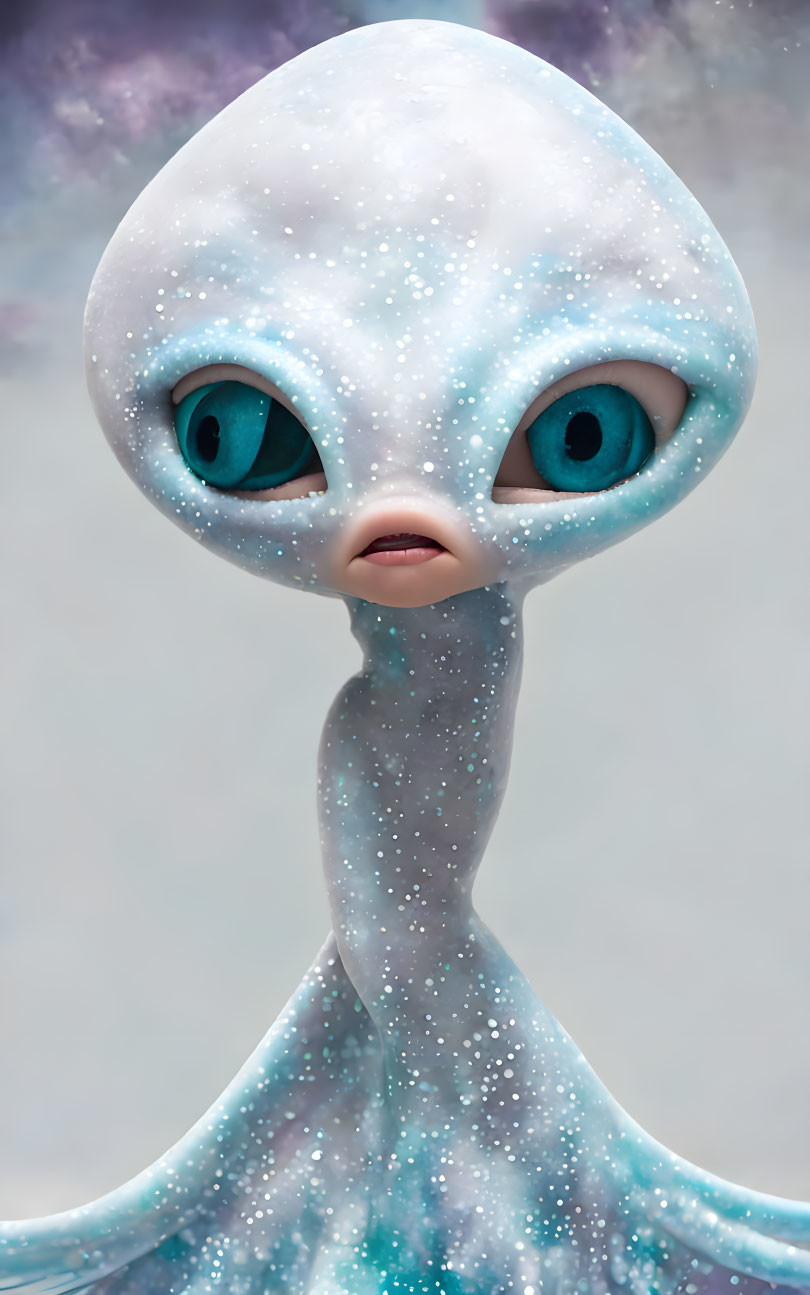 Alien illustration with large blue eyes and light blue skin