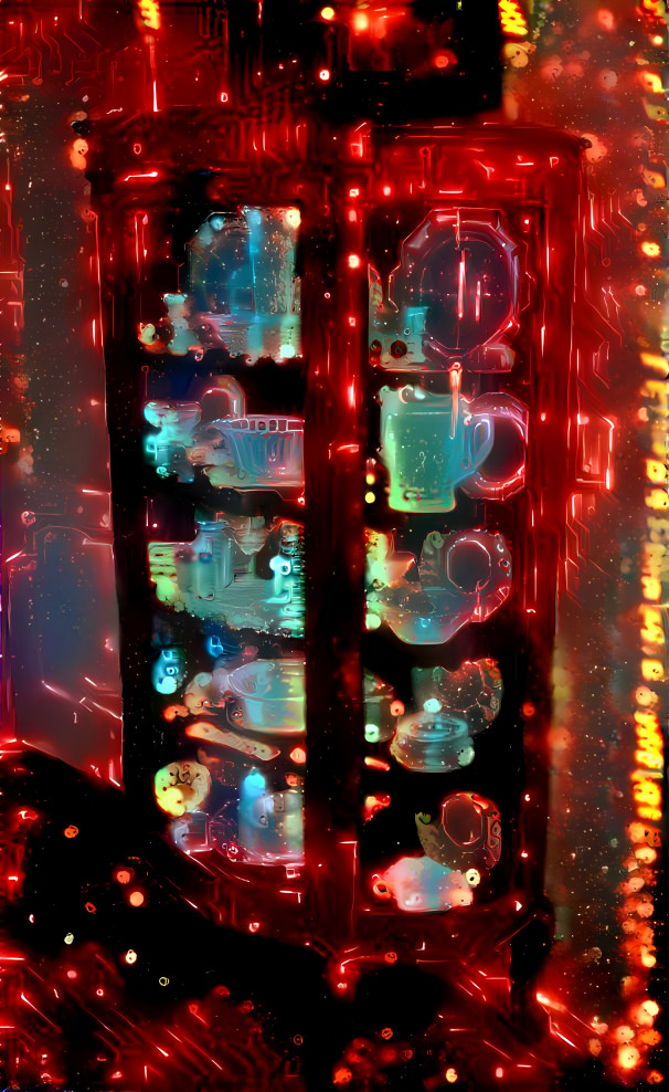cyber curio cabinet, neon red and aqua