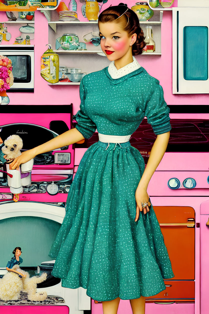 Vintage teal polka-dot dress woman in retro kitchen with pink stove, fridge, and cabinets.